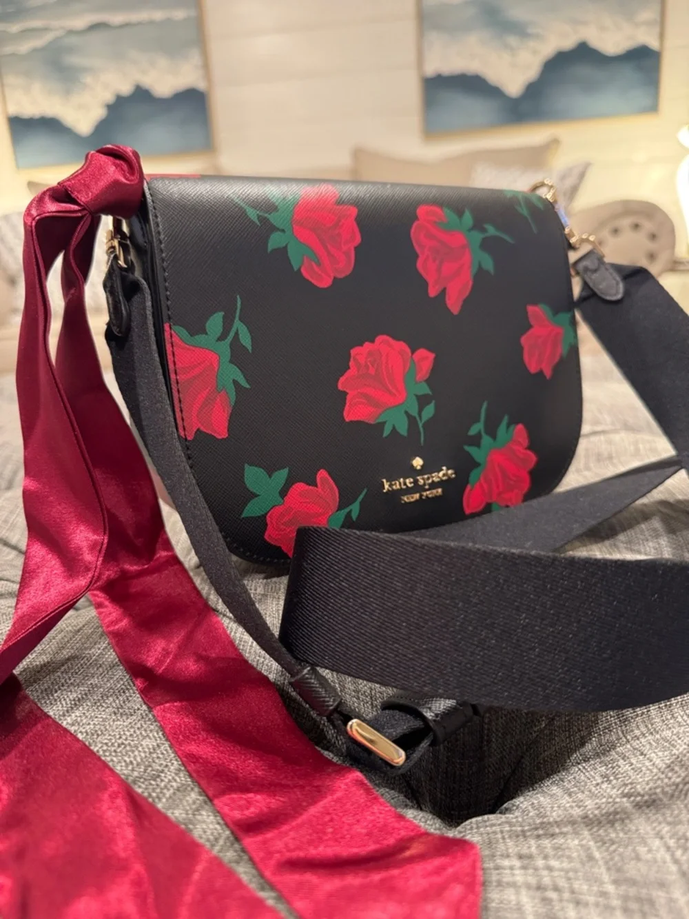 Kate Spade Bag Madison Rose Toss Printed Black Saddle Crossbody - Picture 3 of 17